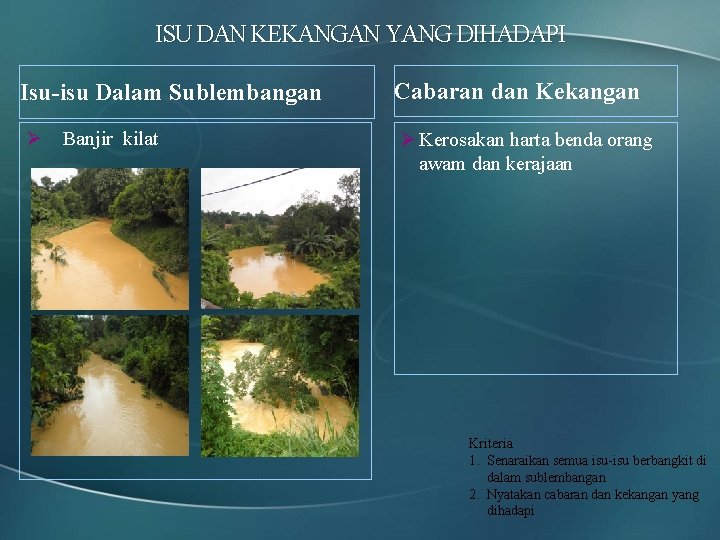 ISU DAN KEKANGAN YANG DIHADAPI Isu-isu Dalam Sublembangan Ø Banjir kilat Cabaran dan Kekangan