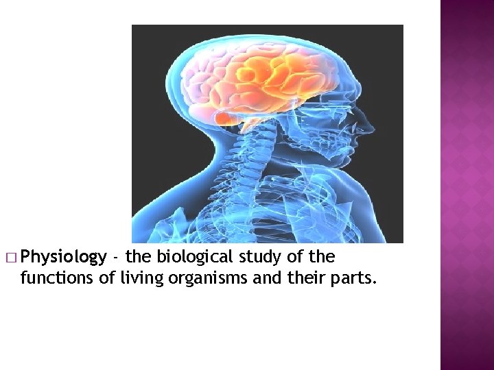 � Physiology - the biological study of the functions of living organisms and their