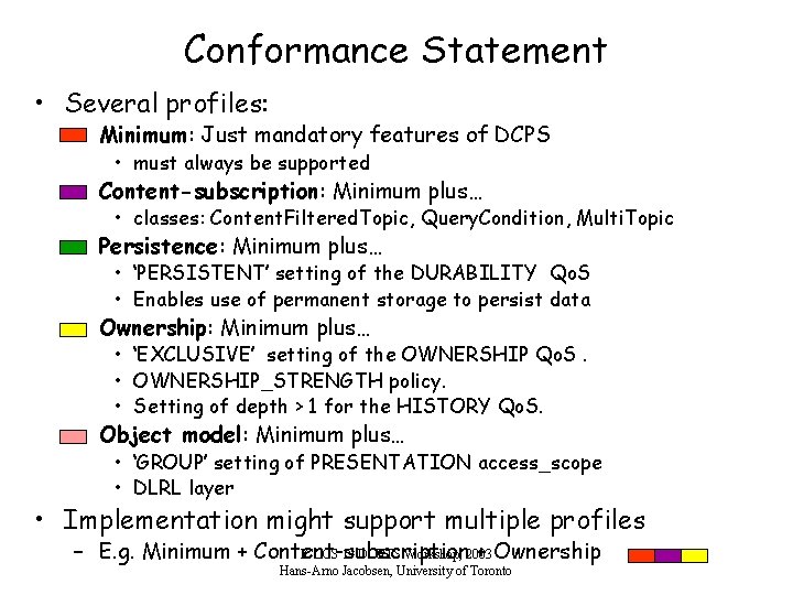 Conformance Statement • Several profiles: – Minimum: Just mandatory features of DCPS • must