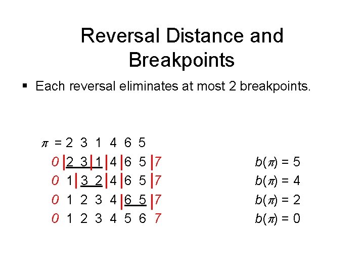 Reversal Distance and Breakpoints § Each reversal eliminates at most 2 breakpoints. p =2