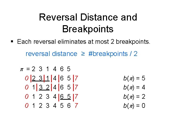 Reversal Distance and Breakpoints § Each reversal eliminates at most 2 breakpoints. reversal distance
