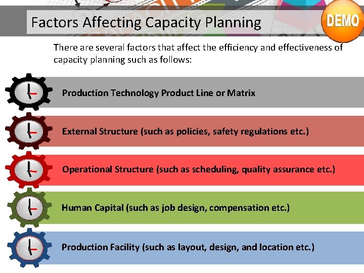Factors Affecting Capacity Planning There are several factors that affect the efficiency and effectiveness