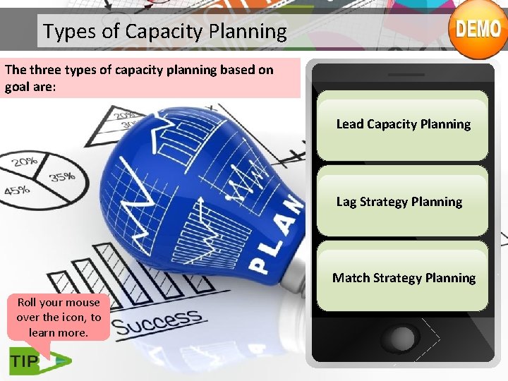 Types of Capacity Planning The three types of capacity planning based on goal are: