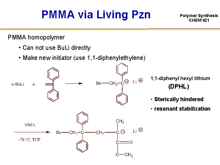 PMMA via Living Pzn Polymer Synthesis CHEM 421 PMMA homopolymer • Can not use