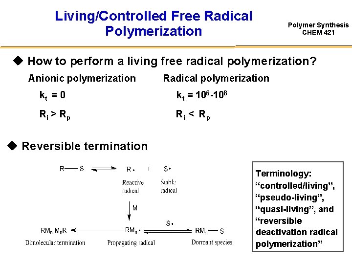 Living/Controlled Free Radical Polymerization Polymer Synthesis CHEM 421 u How to perform a living