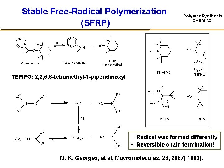 Stable Free-Radical Polymerization (SFRP) Polymer Synthesis CHEM 421 TEMPO: 2, 2, 6, 6 -tetramethyl-1