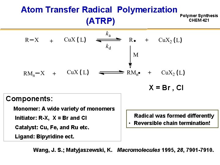 Atom Transfer Radical Polymerization Polymer Synthesis CHEM 421 (ATRP) X = Br , Cl