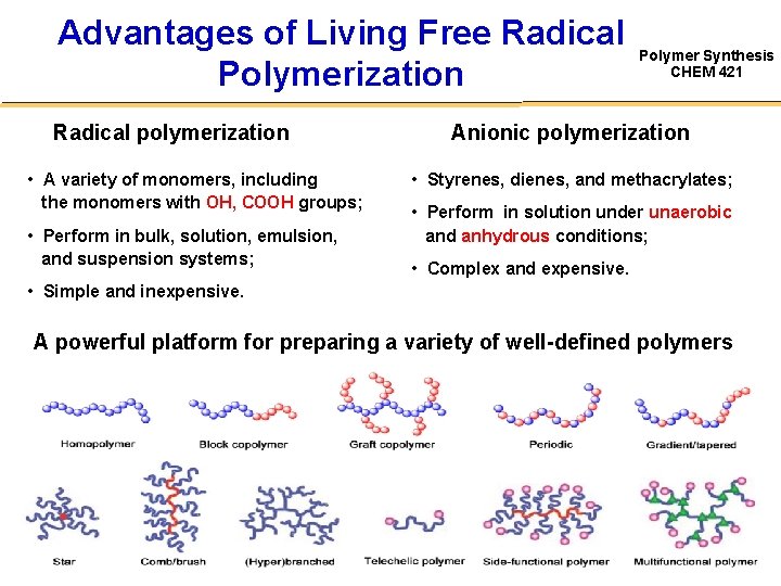 Advantages of Living Free Radical Polymerization Radical polymerization • A variety of monomers, including