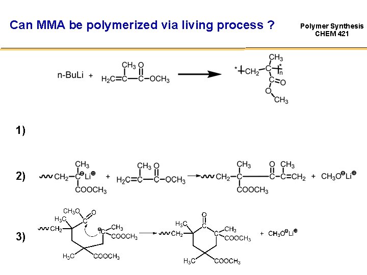 Can MMA be polymerized via living process ? Side reactions 1) 2) 3) Polymer