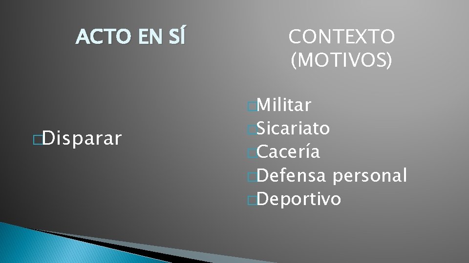 ACTO EN SÍ CONTEXTO (MOTIVOS) �Militar �Disparar �Sicariato �Cacería �Defensa personal �Deportivo 