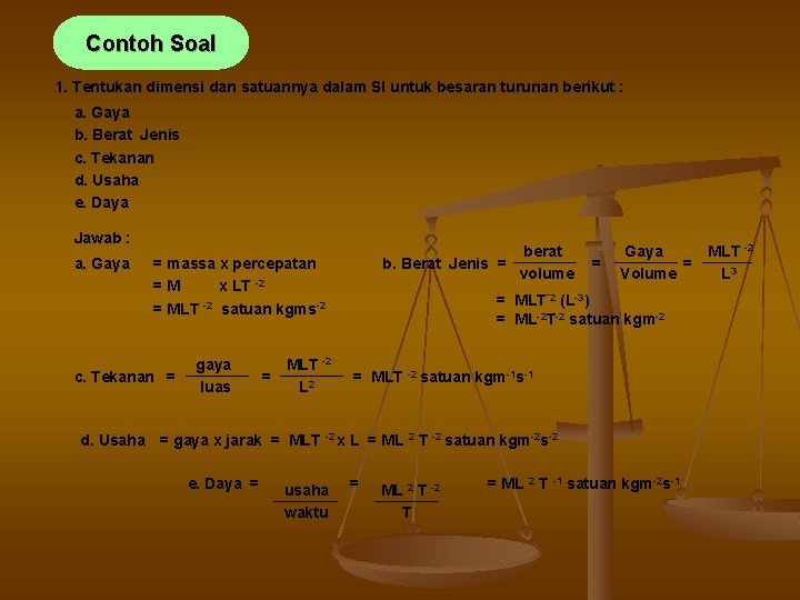 Contoh Soal 1. Tentukan dimensi dan satuannya dalam SI untuk besaran turunan berikut :