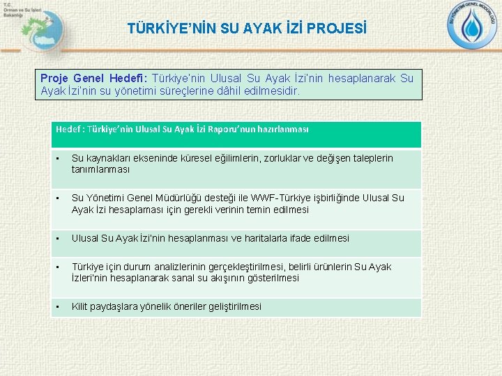 TÜRKİYE’NİN SU AYAK İZİ PROJESİ Proje Genel Hedefi: Türkiye’nin Ulusal Su Ayak İzi’nin hesaplanarak