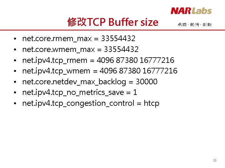 修改TCP Buffer size • • net. core. rmem_max = 33554432 net. core. wmem_max =