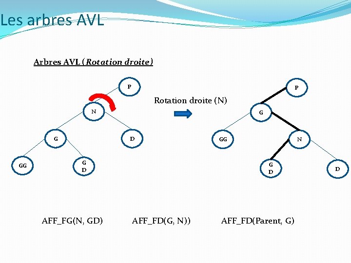 Les arbres AVL Arbres AVL (Rotation droite) P P Rotation droite (N) N G Les arbres AVL Arbres AVL (Rotation droite) P P Rotation droite (N) N G