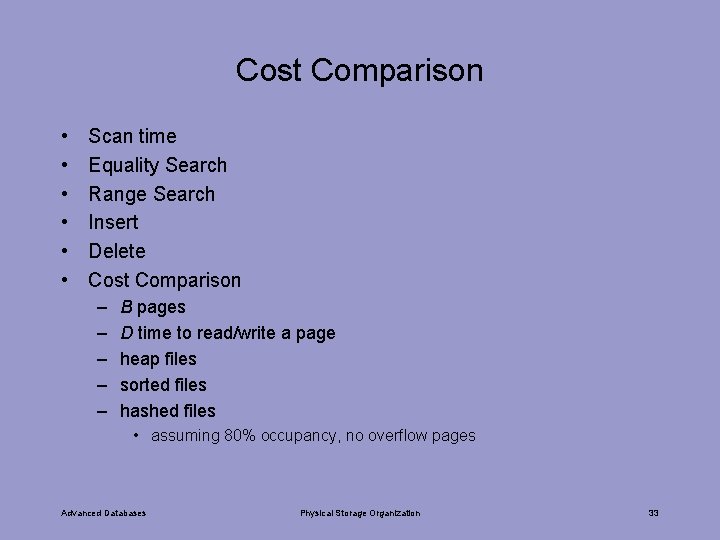 Cost Comparison • • • Scan time Equality Search Range Search Insert Delete Cost