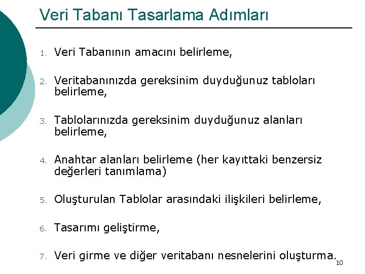 Veri Tabanı Tasarlama Adımları 1. Veri Tabanının amacını belirleme, 2. Veritabanınızda gereksinim duyduğunuz tabloları