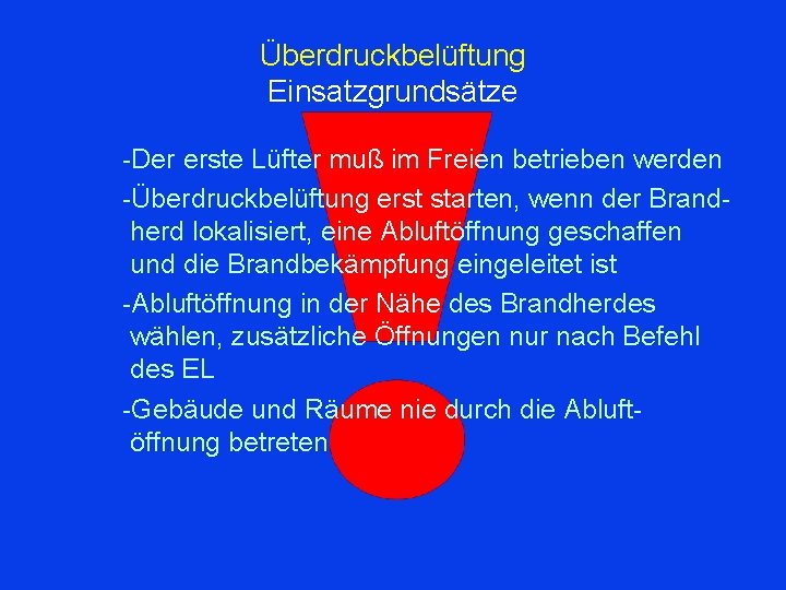 Überdruckbelüftung Einsatzgrundsätze -Der erste Lüfter muß im Freien betrieben werden -Überdruckbelüftung erst starten, wenn