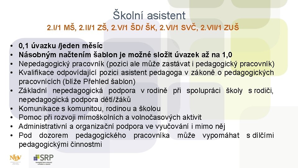 Školní asistent 2. I/1 MŠ, 2. II/1 ZŠ, 2. V/1 ŠD/ ŠK, 2. VI/1