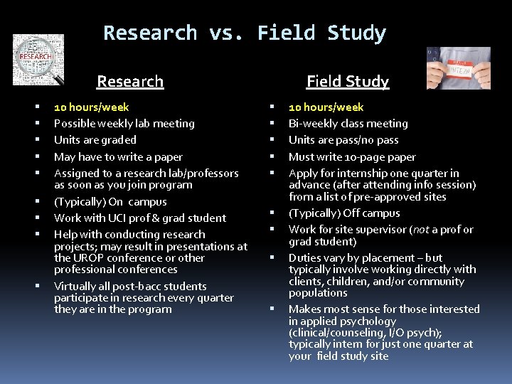 Research vs. Field Study Research 10 hours/week Possible weekly lab meeting Units are graded