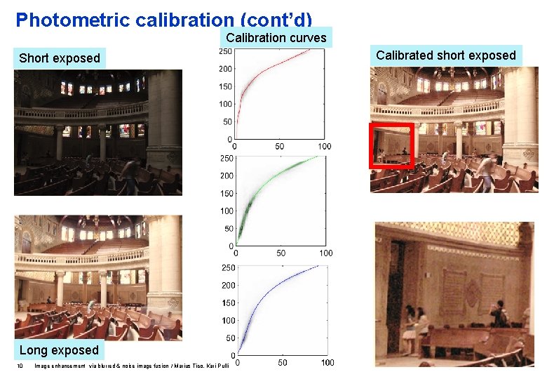 Photometric calibration (cont’d) Calibration curves Short exposed Long exposed 10 Image enhancement via blurred