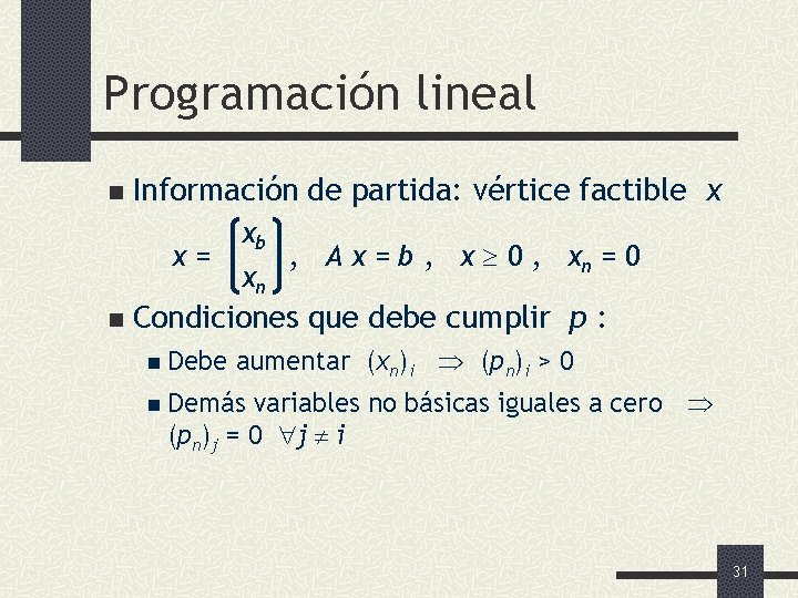 Programación lineal n Información de partida: vértice factible x x= n xb xn ,