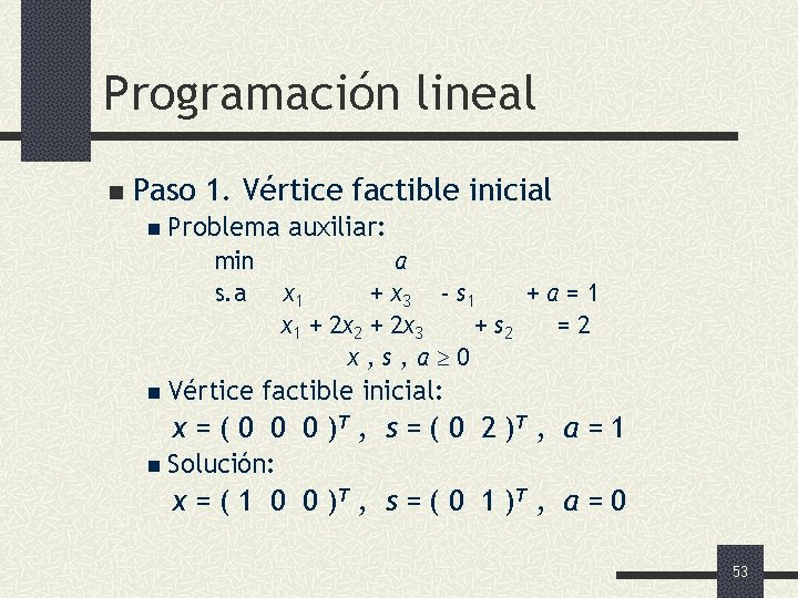 Programación lineal n Paso 1. Vértice factible inicial n Problema min s. a n