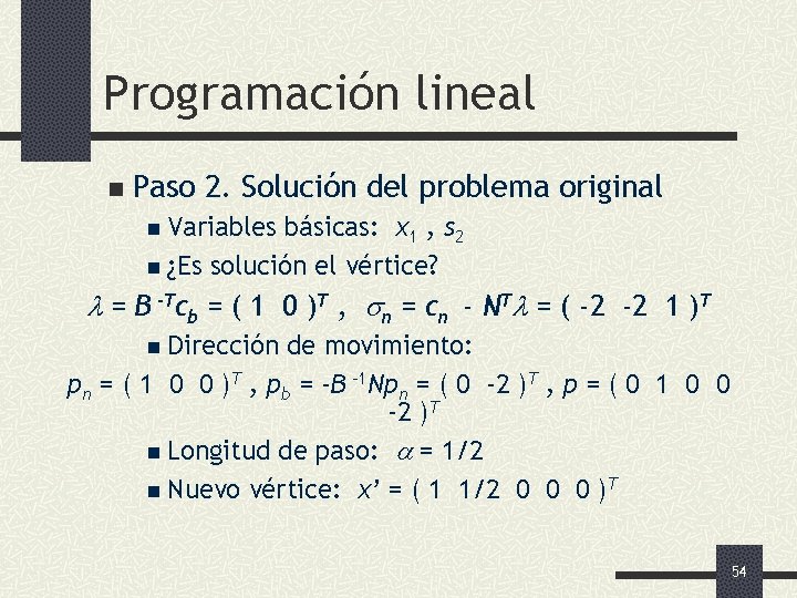Programación lineal n Paso 2. Solución del problema original n Variables básicas: x 1