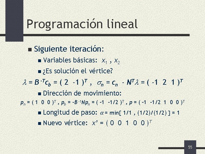 Programación lineal n Siguiente iteración: n Variables n ¿Es básicas: x 1 , x