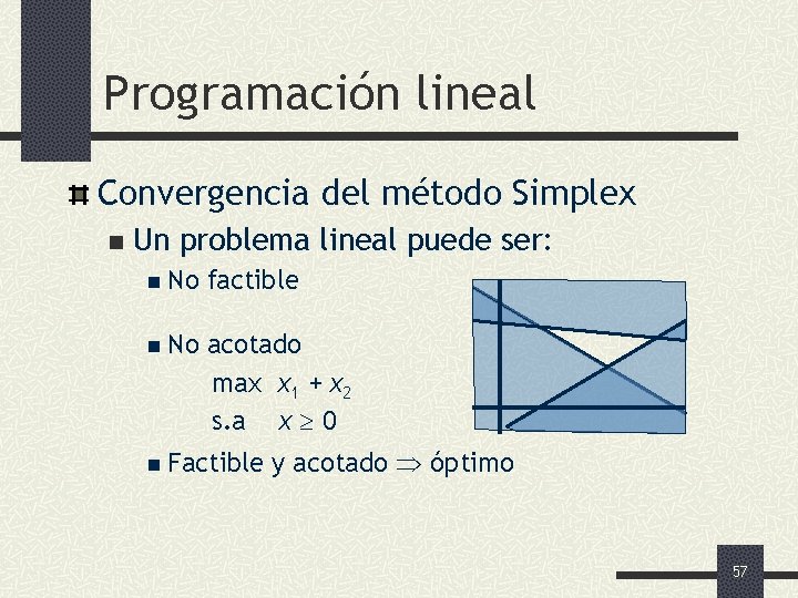 Programación lineal Convergencia del método Simplex n Un problema lineal puede ser: n No