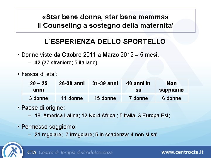  «Star bene donna, star bene mamma» Il Counseling a sostegno della maternita’ L’ESPERIENZA