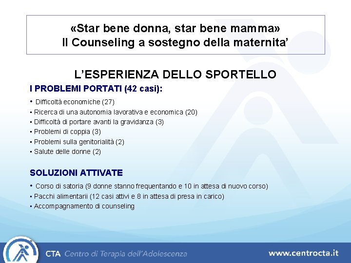  «Star bene donna, star bene mamma» Il Counseling a sostegno della maternita’ L’ESPERIENZA