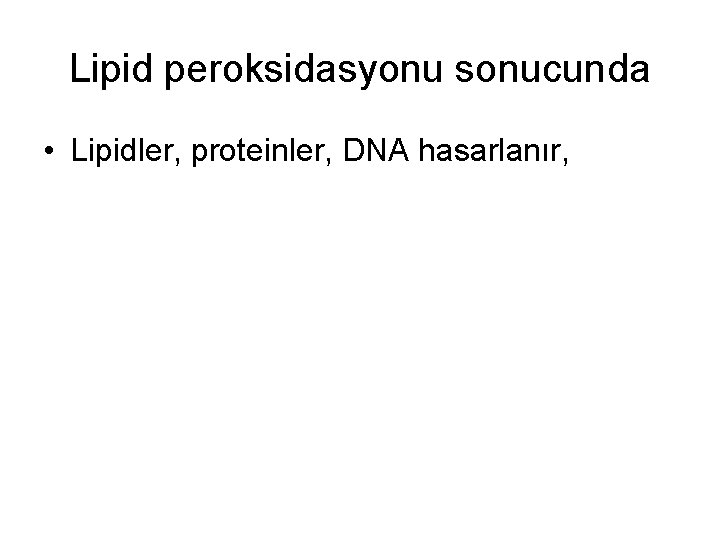 Lipid peroksidasyonu sonucunda • Lipidler, proteinler, DNA hasarlanır, 