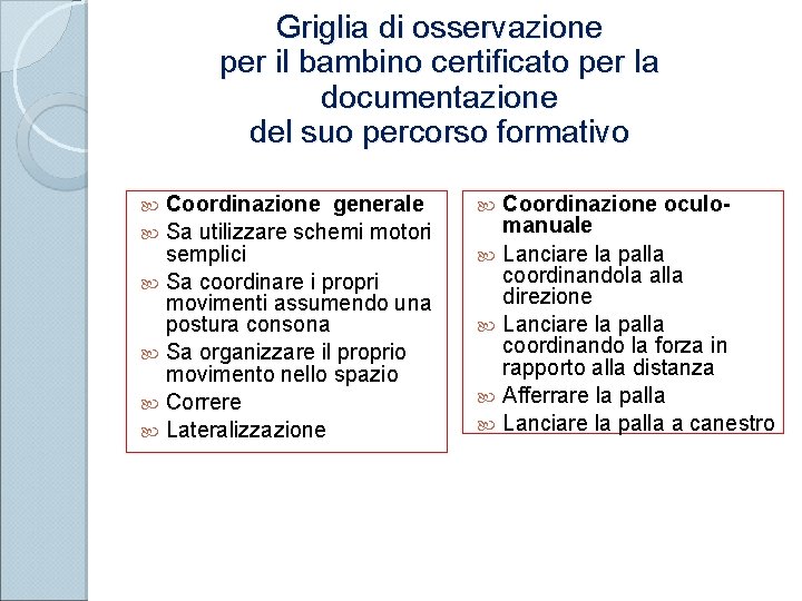 Griglia di osservazione per il bambino certificato per la documentazione del suo percorso formativo