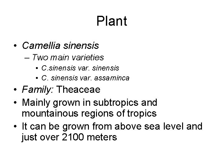 Plant • Camellia sinensis – Two main varieties • C. sinensis var. sinensis •