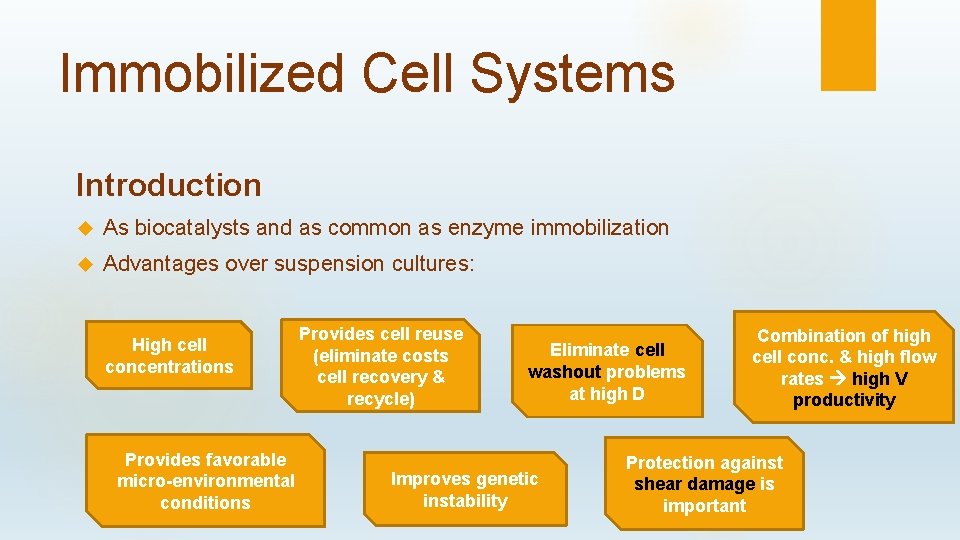 Immobilized Cell Systems Introduction As biocatalysts and as common as enzyme immobilization Advantages over