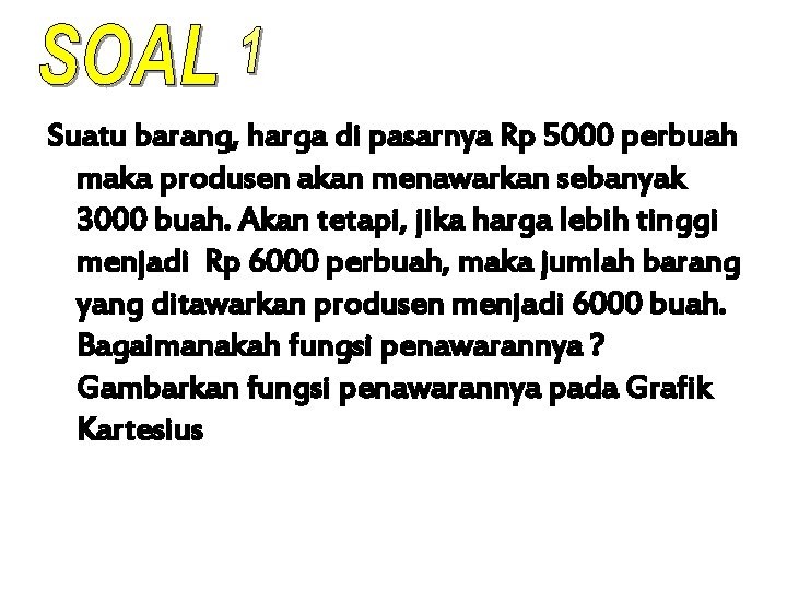 Suatu barang, harga di pasarnya Rp 5000 perbuah maka produsen akan menawarkan sebanyak 3000