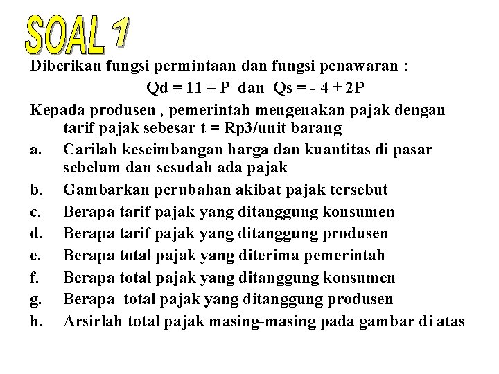 Diberikan fungsi permintaan dan fungsi penawaran : Qd = 11 – P dan Qs