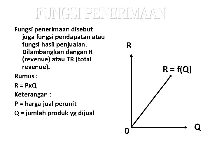 Fungsi penerimaan disebut juga fungsi pendapatan atau fungsi hasil penjualan. Dilambangkan dengan R (revenue)