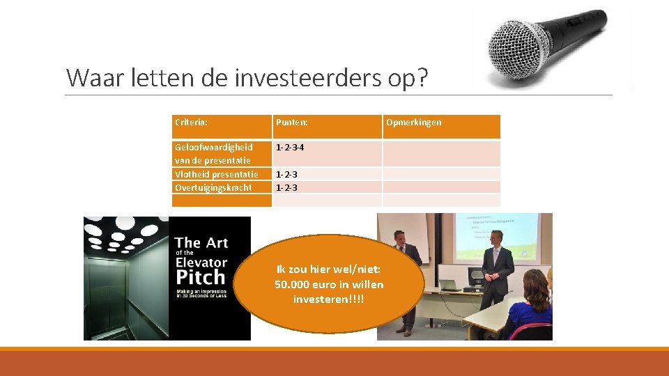 Waar letten de investeerders op? Criteria: Punten: Opmerkingen Geloofwaardigheid van de presentatie Vlotheid presentatie