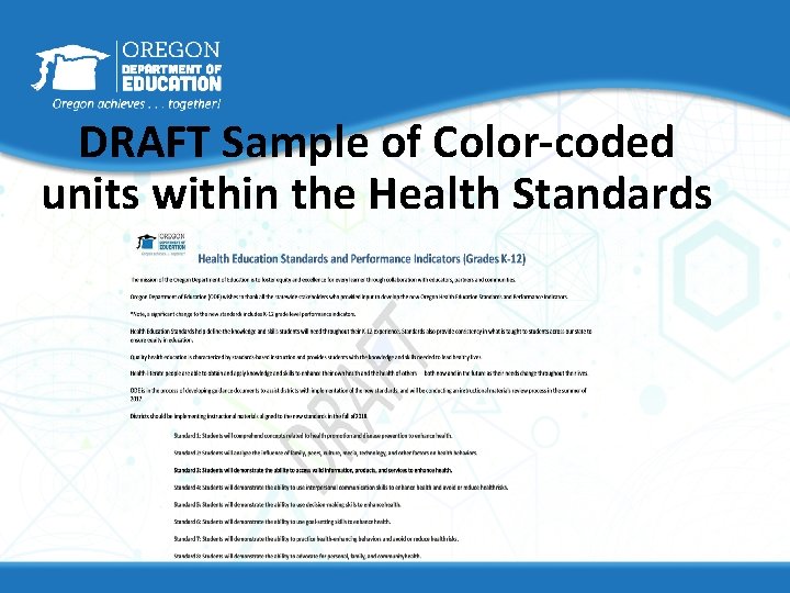 DRAFT Sample of Color-coded units within the Health Standards 