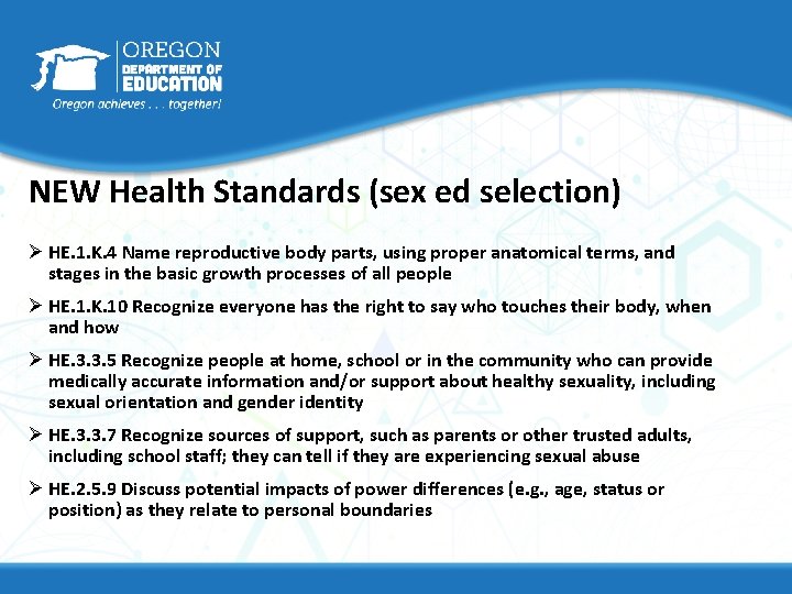 NEW Health Standards (sex ed selection) Ø HE. 1. K. 4 Name reproductive body