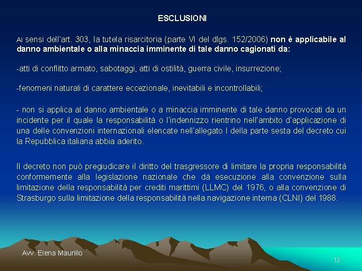 ESCLUSIONI Ai sensi dell’art. 303, la tutela risarcitoria (parte VI del dlgs. 152/2006) non