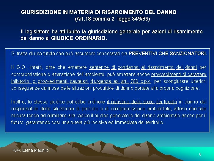 GIURISDIZIONE IN MATERIA DI RISARCIMENTO DEL DANNO (Art. 18 comma 2 legge 349/86) Il