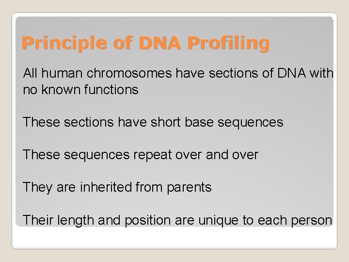 Principle of DNA Profiling All human chromosomes have sections of DNA with no known