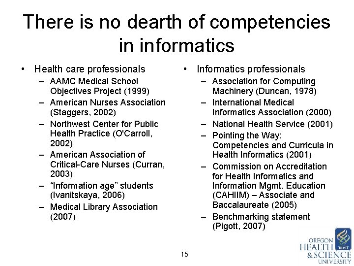 There is no dearth of competencies in informatics • Health care professionals • Informatics