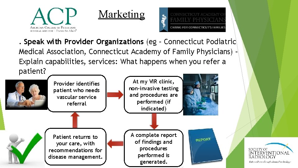 Marketing. Speak with Provider Organizations (eg – Connecticut Podiatric Medical Association, Connecticut Academy of