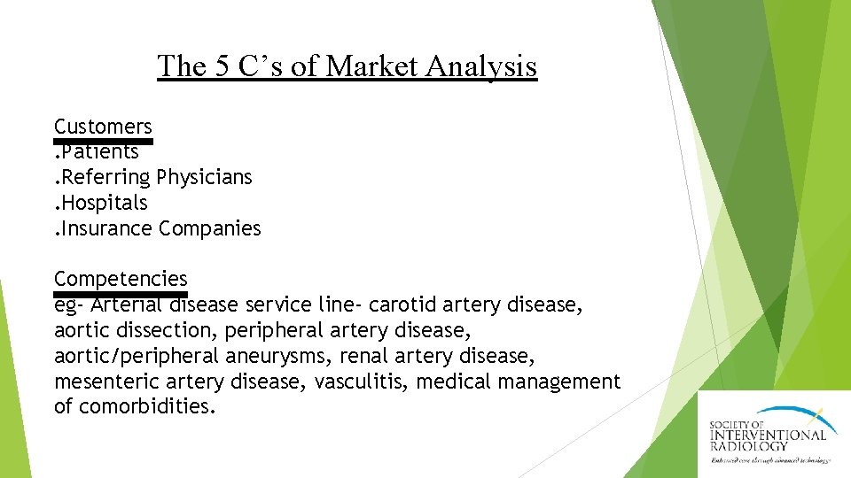 The 5 C’s of Market Analysis Customers. Patients. Referring Physicians. Hospitals. Insurance Companies Competencies