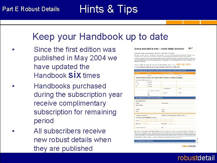 Part E Robust Details Hints & Tips Keep your Handbook up to date •