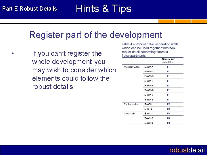 Part E Robust Details Hints & Tips Register part of the development • If