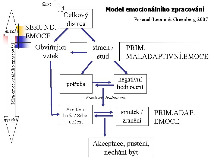 Start Míra emocionálního zpracování nízká vysoká SEKUND. EMOCE Celkový distres Obviňující vztek Model emocionálního